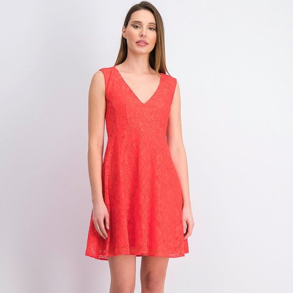 New! NWT French Connection v neck sleeveless coral lace fit & flare A line dress - Picture 1 of 8